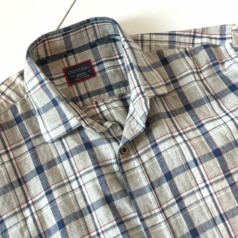 UNTUCKit Mens Medium Button Down Shirt Gray Blue Red Plaid Long Sleeve Cotton